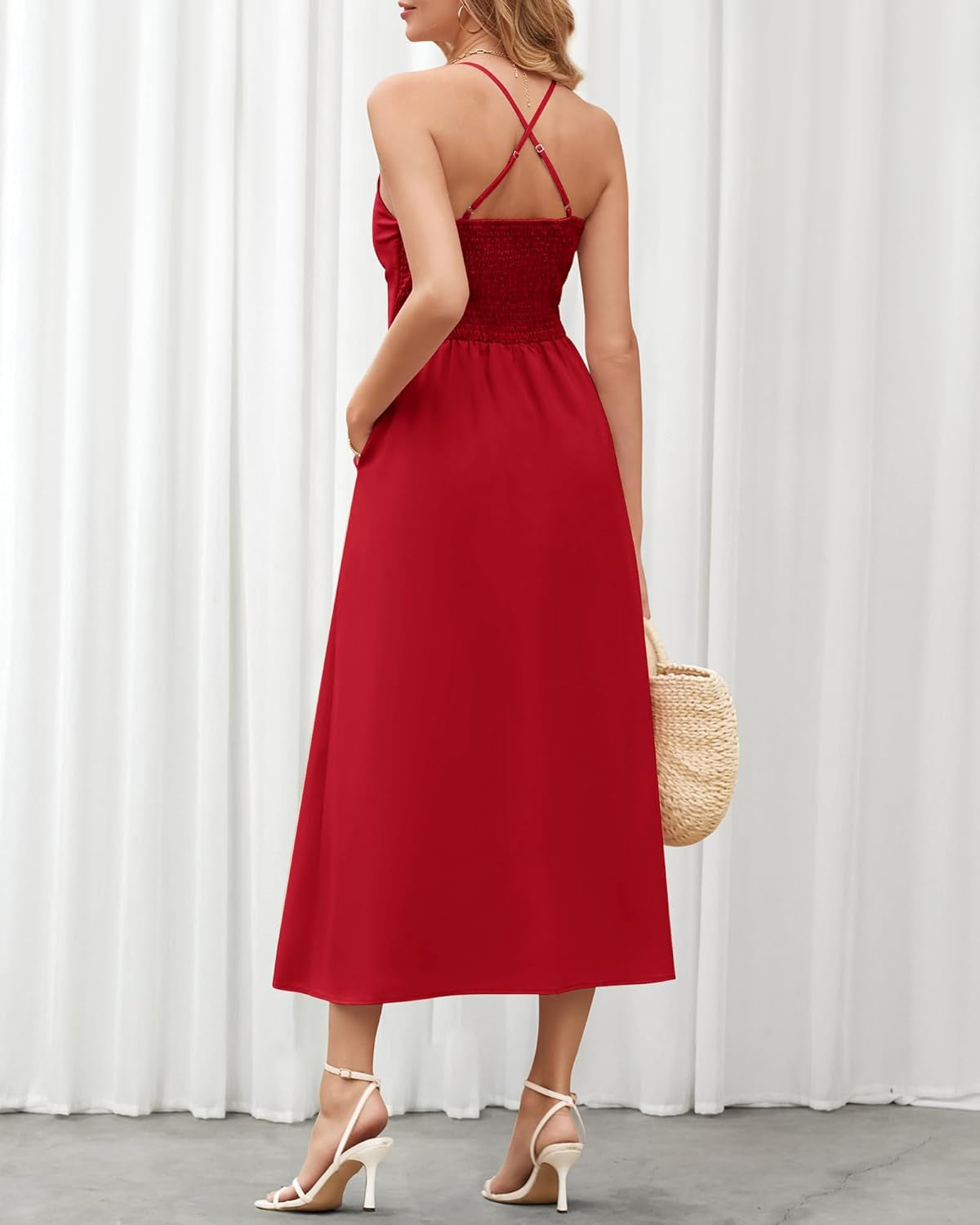 Women 2026 Spaghetti Strap Midi Summer Dresses Sleeveless V Neck Cutout Slit Casual Beach Party Maxi Dress Pockets