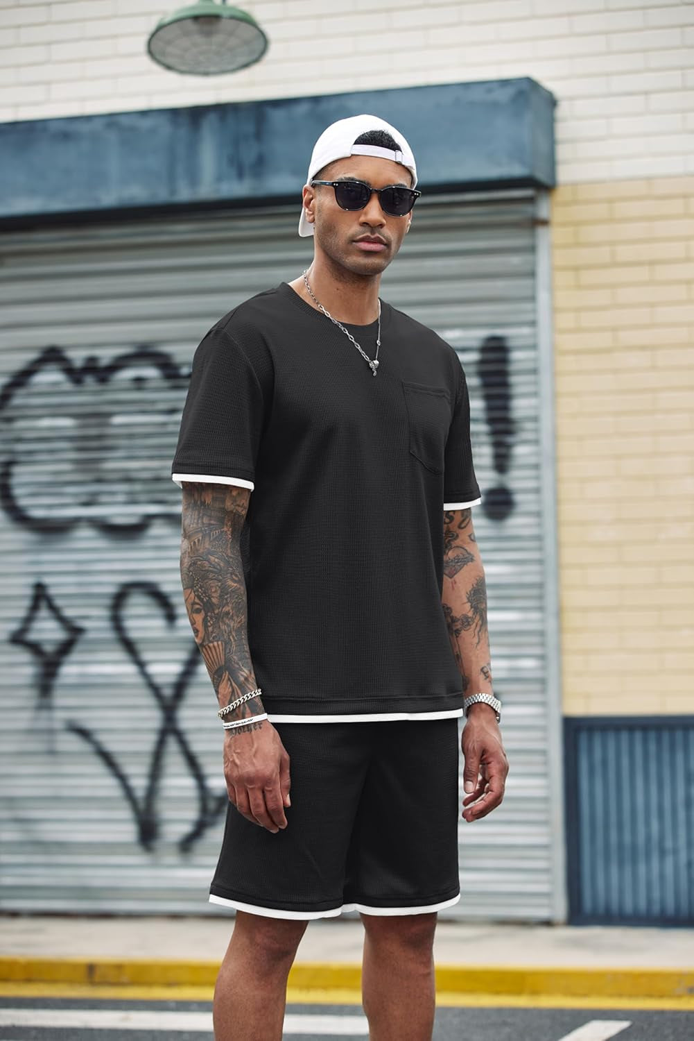Men'S Waffle Shirt and Shorts Set 2 Piece Outfits Casual Summer Tracksuits Set with Pockets